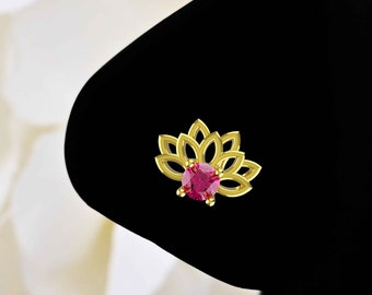 18 Gauge Hot Pink Lotus Nose Stud Gold Plated Flower Nose Ring 925 Sterling Silver Unique Nose Jewelry