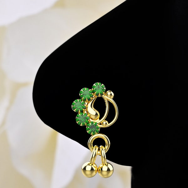 14k Gold Plated Dangle Nose Ring With Emerald Gemstone Nose Studs Jewelry