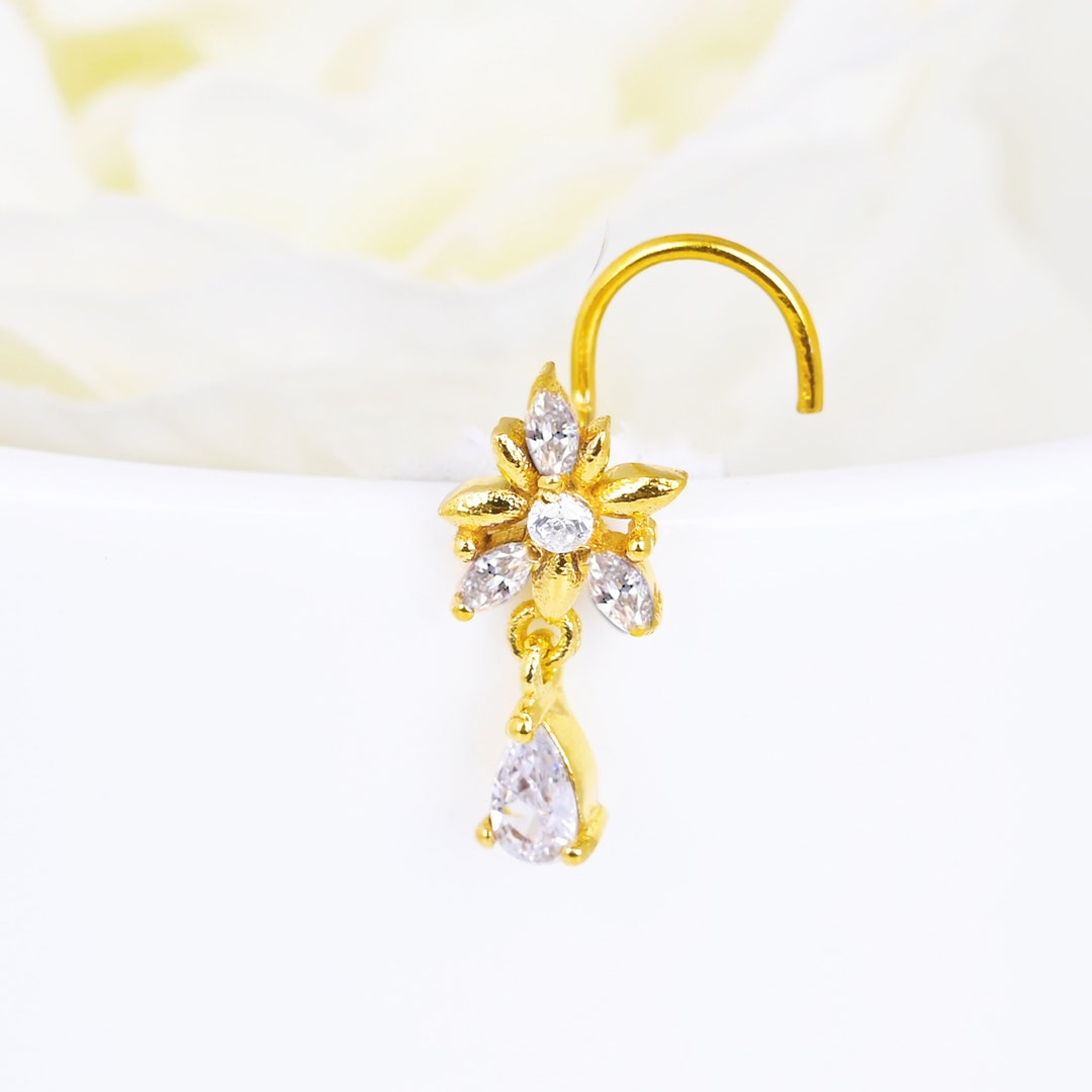 3mm CZ Diamond Nose Screw Clear Crystal Dangle Nose Stud Gold Etsy