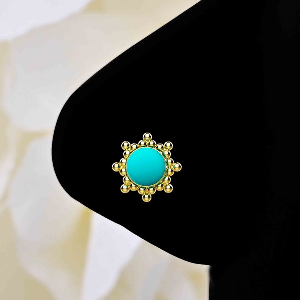 18k Gold Plated Sterling Silver Nose Stud Turquoise Gems Nose Screw Boho L Bend Nose Jewelry