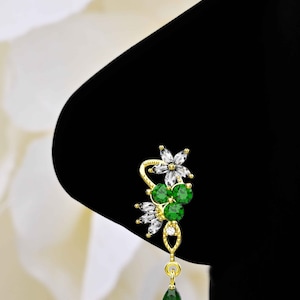 14K 18K 24K Gold Plating Nose Rings Hoop 925 Sterling Silver Emerald Gems Dangling Nose Jewelry