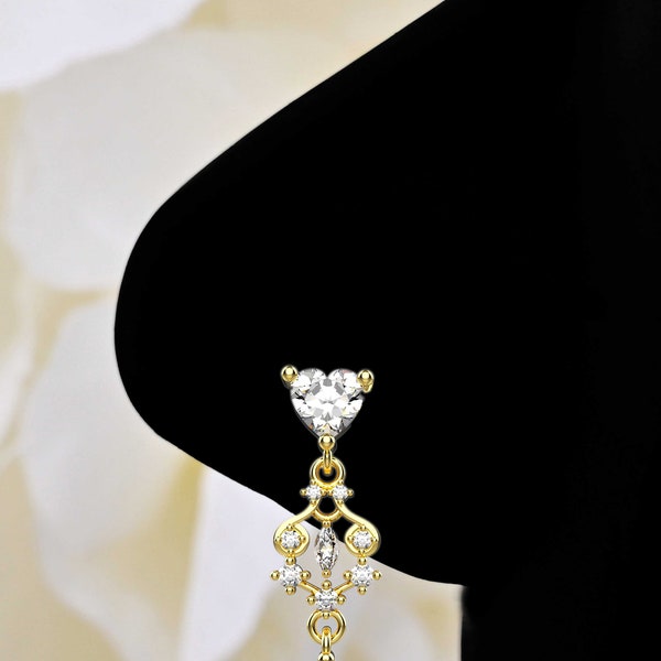 18k Dangle Drop Elegant Diamond Nose Ring Unique 2mm/3mm American Diamond Nose Jewelry