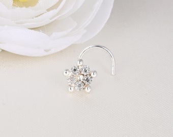 14k White Gold Cluster Flower Nose Rings Top Tiny Ball Nose Stud for Women