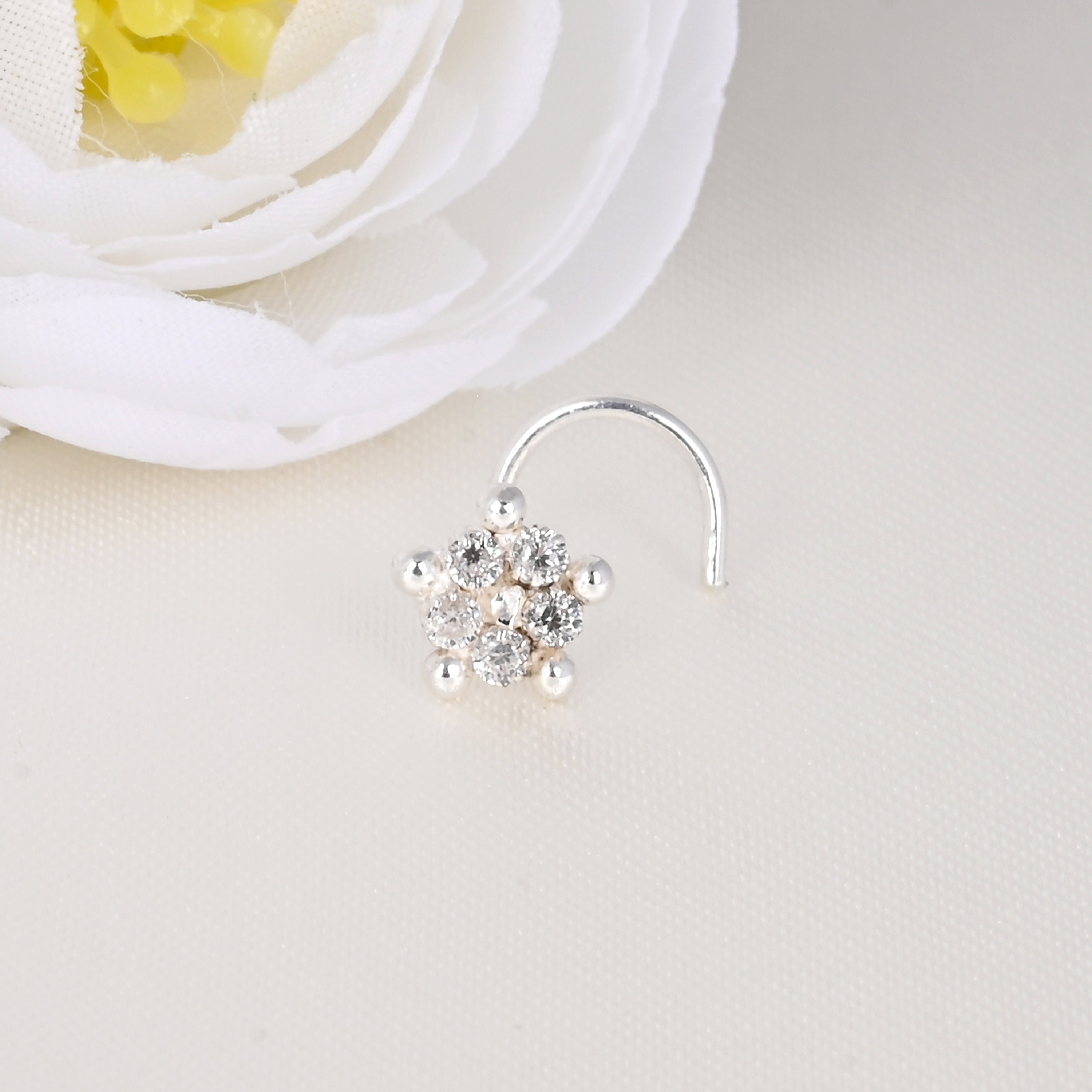 24G Sterling Silver Crystal Daisy Bent Nose Ring | Claire's US