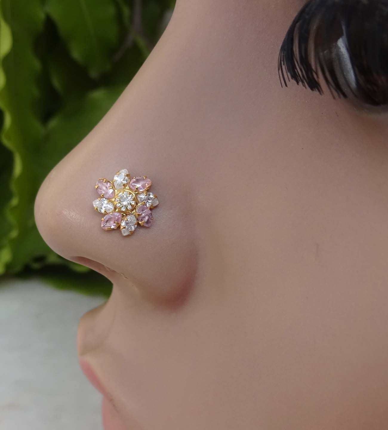 Indian Nose Stud White Gold Nose Screw Flower Nose Piercing Etsy