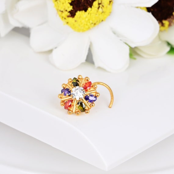 3mm Multi Stone Gold Nose Ring L Shape Nosescrew Indian Nose