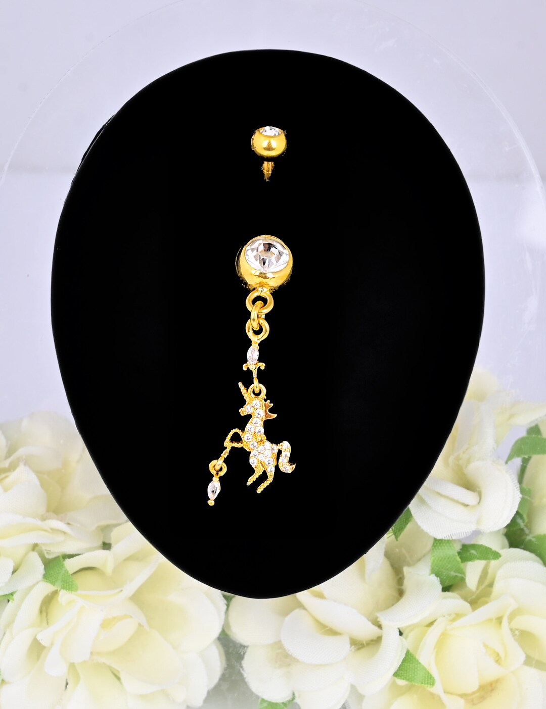 14G Cystal Dangling Horse Belly Rings Surgical Steel CZ Gems Navel Ring