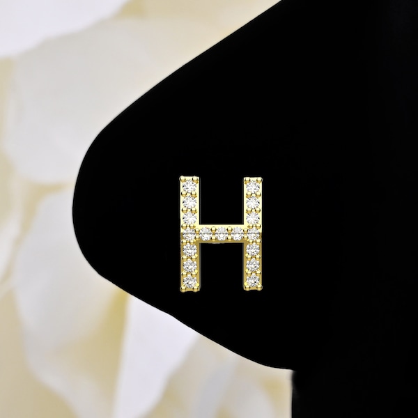 14k 18k 22k Yellow Gold Initial Letter Alphabet H Cubic Zirconia Gems Nose Stud 925 Sterling Silver Metal