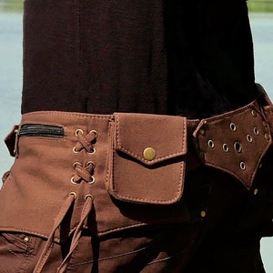 Pocket belt ~ Festival belt ~ Utility belt and travel hip bag ~ With 5 pockets ~ Brown cotton ~ Unisex ~ The Goabelt