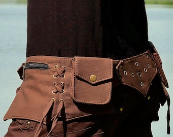 Pocket belt ~ Festival belt ~ Utility belt and travel hip bag ~ With 5 pockets ~ Brown cotton ~ Unisex ~ The Goabelt