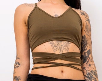 Criss cross bra top ~ Sexy and sultry crop top ~ Belly dance and yoga top ~ Olive green