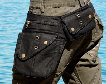 Utility belt ~ Fanny pack with 7 pockets ~ For festivals, travels and urban life ~ Black cotton ~ The Nebulabelt