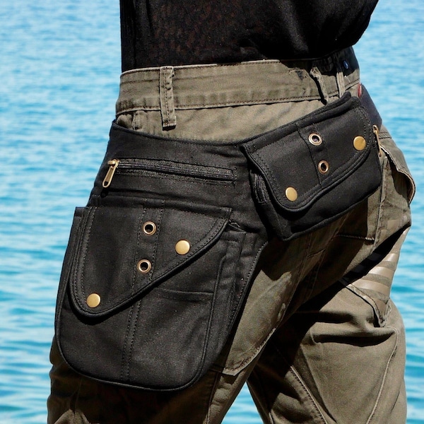 Ceinture utilitaire ~ Sac banane avec 7 poches ~ Festival et de voyage ~ Coton noir ~ La Nebulabelt