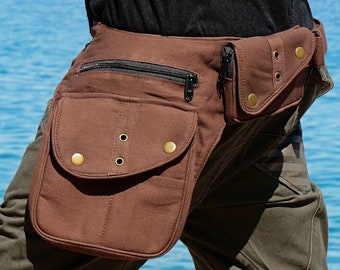 Utility belt ~ Fanny pack with 7 pockets ~ For festivals, travels and urban life ~ Brown cotton ~ The Nebulabelt