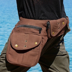 Utility belt ~ Fanny pack with 7 pockets ~ For festivals, travels and urban life ~ Brown cotton ~ The Nebulabelt