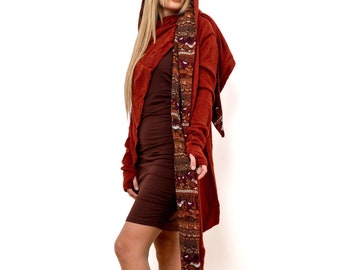 Wrap cardigan ~ Large collar ~ Special hoodie and thumb holes ~ Asymmetric cut ~ Sienna color
