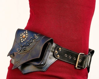 Ceinture utilitaire ~ Ceinture à poches en cuir ~ Motif feuille cuir martelé ~ Noir et marron ~ Psytrance ~ Goa ~ La Forest Belt