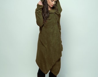 May include: A long, olive green hooded cardigan with a draped asymmetrical hemline. The cardigan is made of a soft, textured fabric and has a relaxed fit.