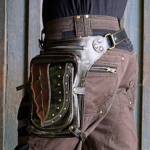 Leather utility belt ~ Pocket belt ~ Leg strap ~ Hammered leaf design ~ 3 in 1 leg belt, hip bag or sling bag ~ The Leaf belt