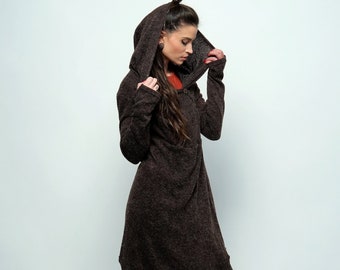 Knitted sleeves top ~ Cardigan ~ Asymmetric vest with thumb holes and hoodie ~ Wood brown ~ The Precious Cardigan