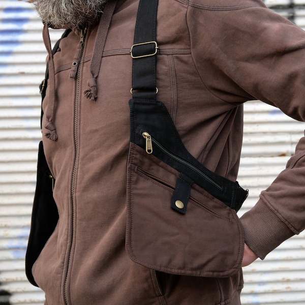 LE HOLSTER ~ Sac d'épaule ~ Veste utilitaire avec 6 poches ~ Entièrement ajustable ~ En coton noir et brun ~ Unisexe