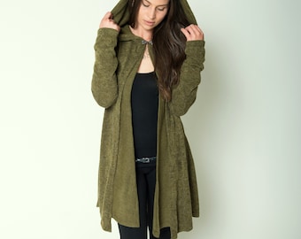 Long knitted top ~ Cardigan ~ Large hoodie and thumb holes ~ Elven cardigan in olive green ~ The Riding Hood cardigan