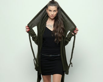 Knitted vest ~ Cardigan ~ Long top ~ Asymmetric ~ Thumb holes ~ Special hoodie ~ Minimalist ~ Olive green ~ The Plaited Cardigan