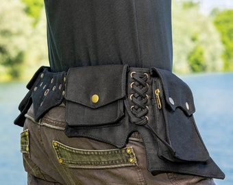 Pocket belt ~ Festival belt ~ Utility belt and travel hip bag ~ With 5 pockets ~ Black cotton ~ From XXS till 6XL ~ Unisex ~ The Goabelt