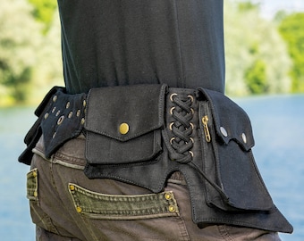 Pocket belt ~ Festival belt ~ Utility belt and travel hip bag ~ With 5 pockets ~ Black cotton ~ From XXS till 6XL ~ Unisex ~ The Goabelt