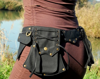 Pocket belt ~ Utility belt ~ Festival and travel hip bag ~ With 5 pockets ~  Black cotton ~ Unisex ~ The Celticbelt