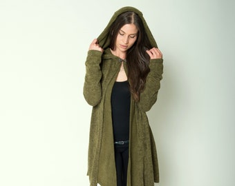 Gilet long ~ Cardigan ~ Immense capuche ~ Trous de pouces ~ Veste d'elfe ~ Style médiéval ~ Vert olive ~ Le cardigan Riding Hood