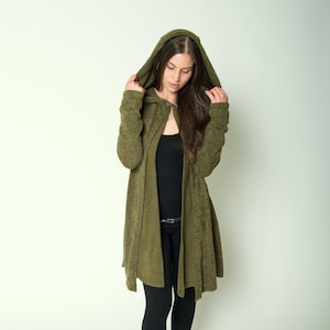 Long knitted top ~ Cardigan ~ Large hoodie and thumb holes ~ Elven cardigan in olive green ~ The Riding Hood cardigan