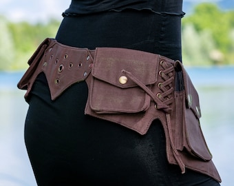 Pocket belt ~ Utility belt ~ Festival and travel hip bag ~ With 5 pockets ~ Brown cotton ~ Unisex ~ The Goabelt