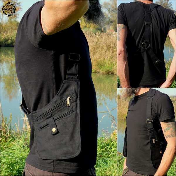 THE HOLSTER ~ Shoulder bag ~ Utility vest with 6 pockets ~ Fully adjustable ~ Black cotton ~ Unisex