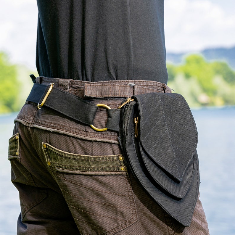 Fanny pack Utility belt Bag 2 in 1 for waist or shoulder Minimalist style Black cotton The Panbelt zdjęcie 3
