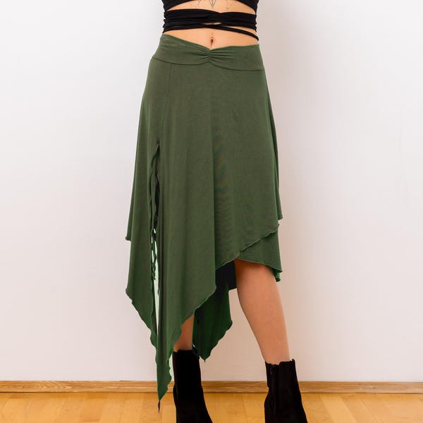 Olive green asymmetrical skirt ~ Mid length with a sexy slit ~ The DIVINE Skirt