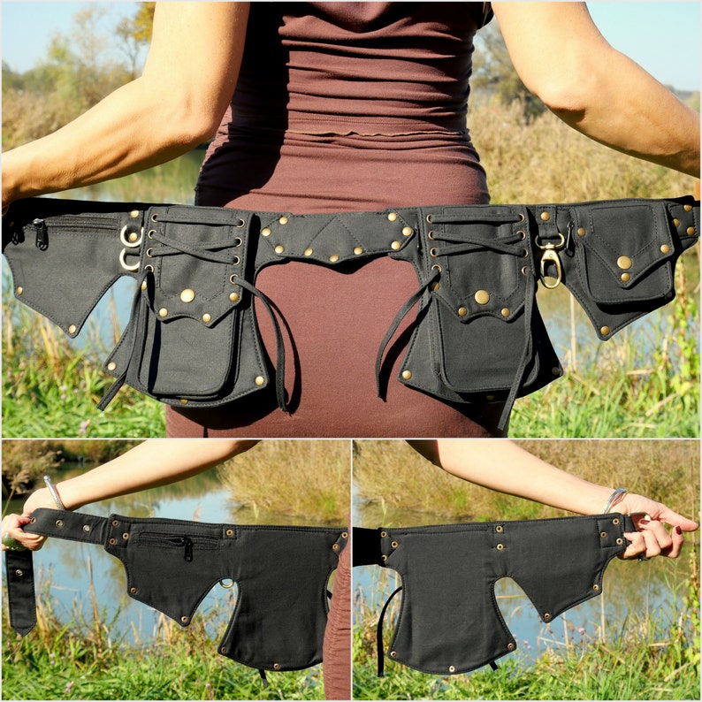 Pocket belt Utility belt Festival and travel hip bag With 5 pockets Black cotton Unisex The Celticbelt 画像 5