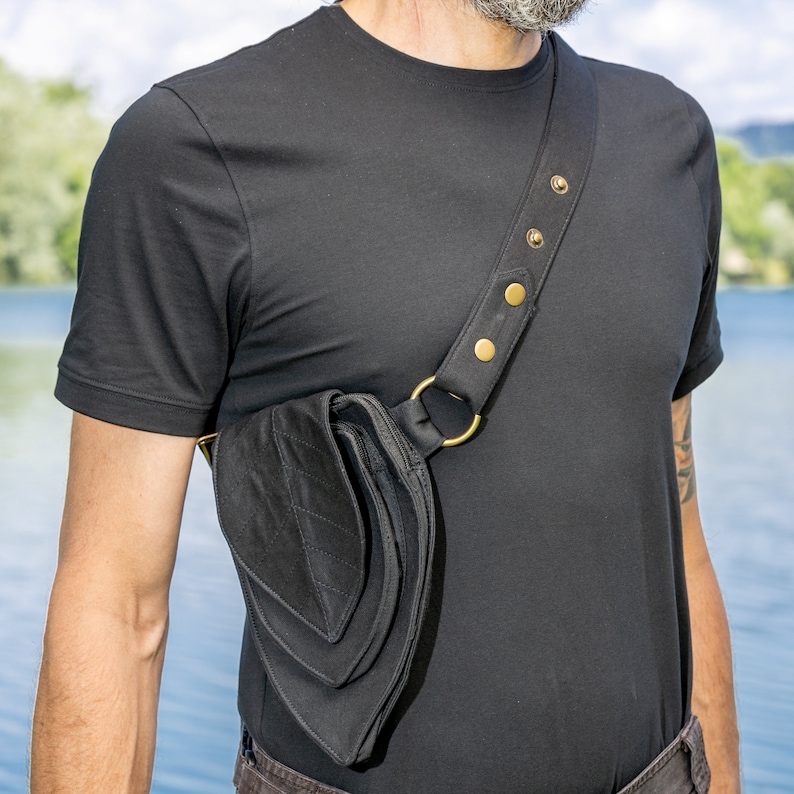 Fanny pack Utility belt Bag 2 in 1 for waist or shoulder Minimalist style Black cotton The Panbelt zdjęcie 4