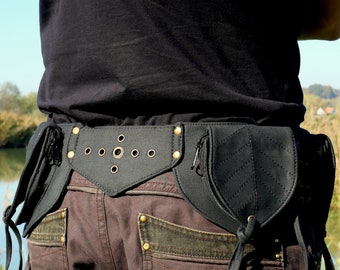 Utility belt ~ Pocket belt ~ Travel, festival and urban bag ~ Multipockets ~ Minimalist leaf design ~ Black cotton ~ The Junglebelt