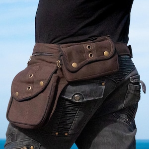Ceinture utilitaire ~ Sac banane en coton ~ 7 poches ~ Festival et de voyage ~ Marron avec liseré noir ~ La Nebulabelt