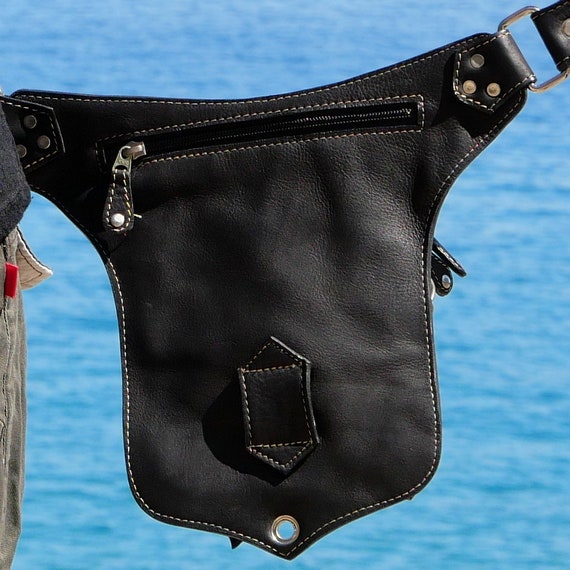 Utility Belt Leather Pocket Belt Sling Bag 2 in One With 4 Pockets Leg Strap Black Leather the Spiky Belt Etsy Ireland