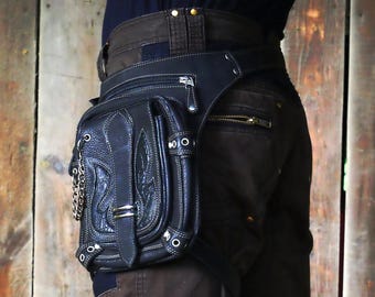 Utility belt ~ Leather pockets belt ~ Leg pouch with removable strap ~ 3 in 1 hips, leg and shoulder bag ~ The Flamebelt