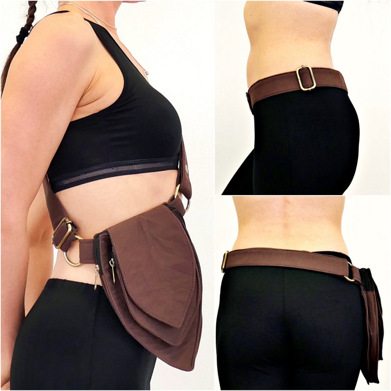 Utility belt Fanny pack Bag 2 in 1 for waist or shoulder 3 pockets Minimalist style Unisex Brown cotton The Panbelt image 7