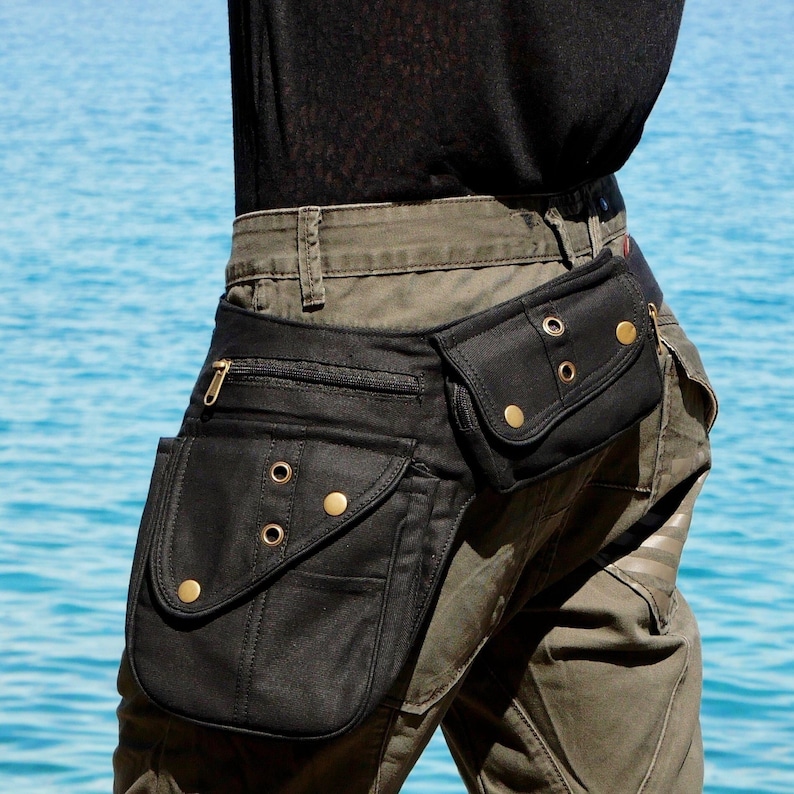 Utility belt Fanny pack with 7 pockets For festivals, travels and urban life Black cotton The Nebulabelt zdjęcie 1