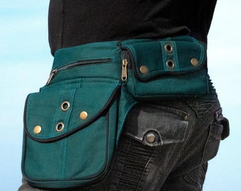 Utility belt ~ Cotton belt bag ~ with 7 pockets ~ For festivals, travels and urban life ~ Forest green with black piping ~ The Nebulabelt