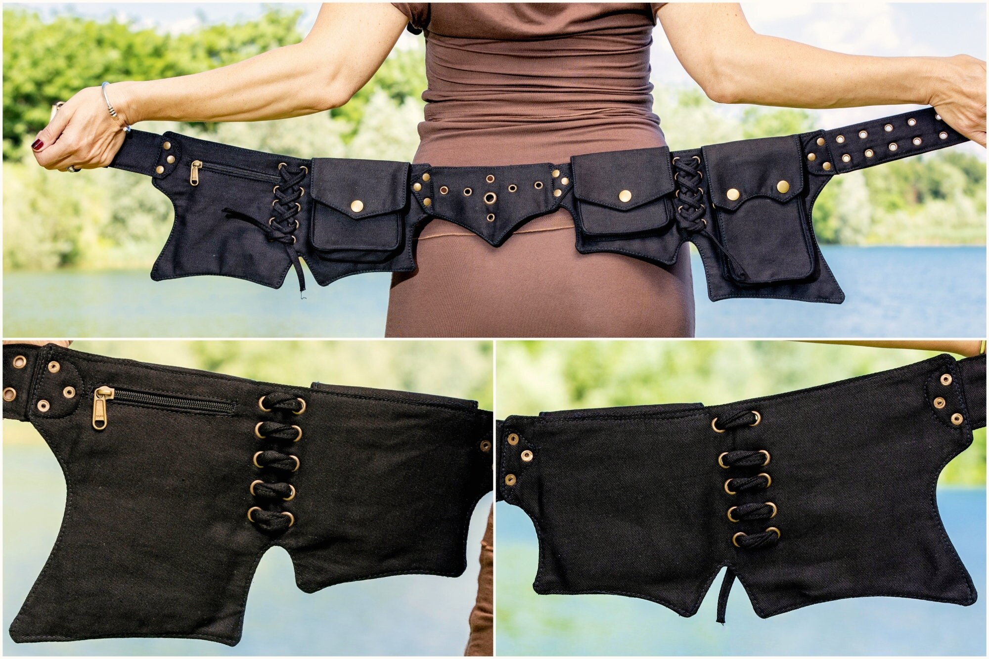Pocket belt ~ Utility belt ~ Festival and travel hip bag ~ With 5 pockets ~ Black cotton ~ Unisex ~ From XXS till 6XL ~ The Goabelt