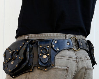 Utility belt ~ Leather pocket belt ~ Multipockets belt made of black leather ~ For festival or urban life ~ The X-Belt