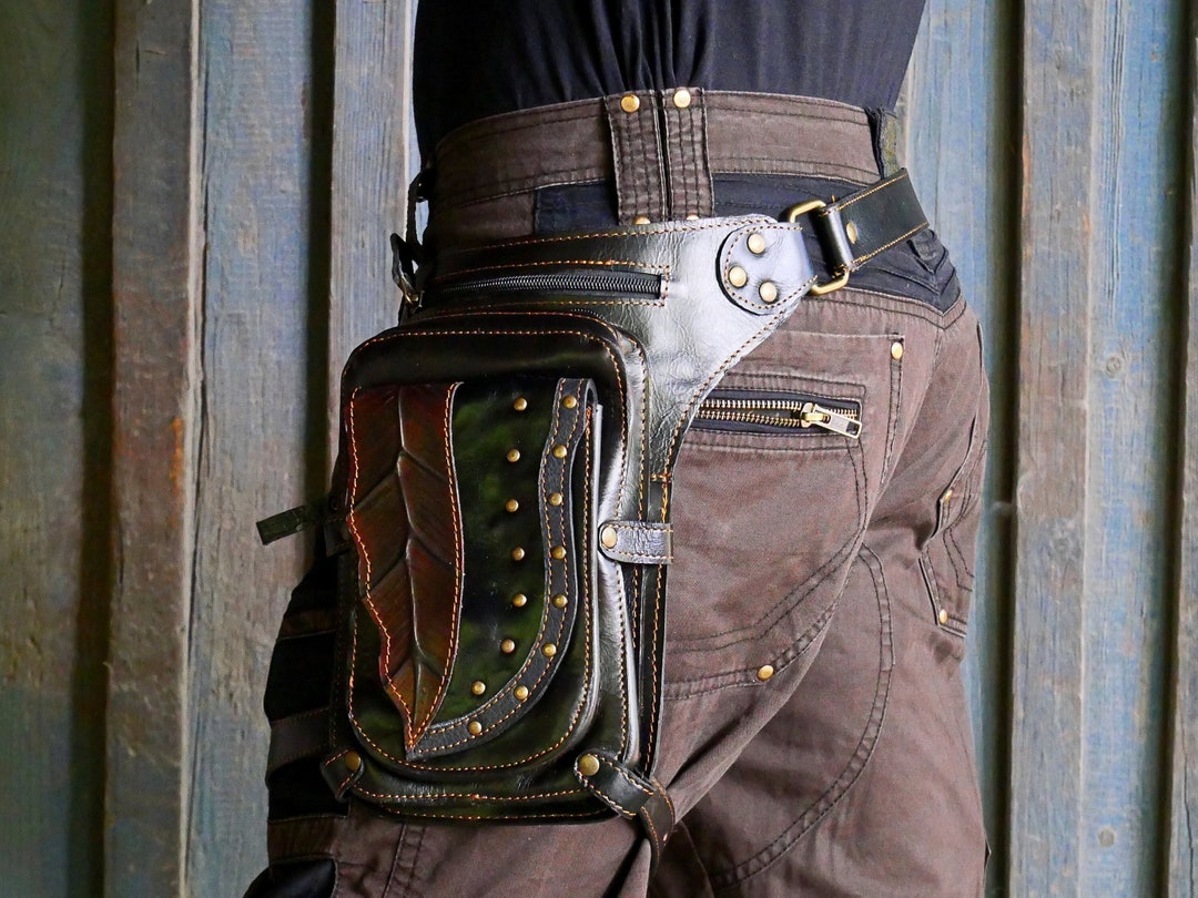 Leather Utility Belt Pocket Belt Leg Strap Hammered Leaf Design 3 in 1
