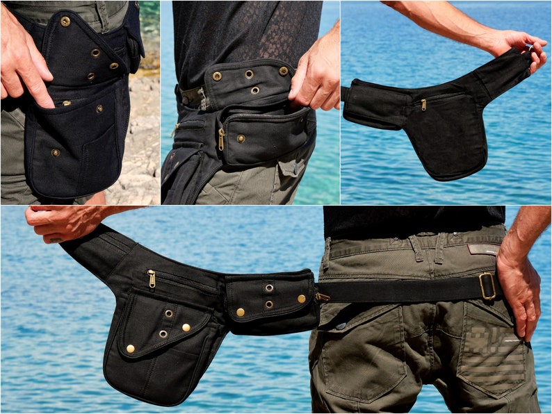 Utility belt Fanny pack with 7 pockets For festivals, travels and urban life Black cotton The Nebulabelt zdjęcie 8