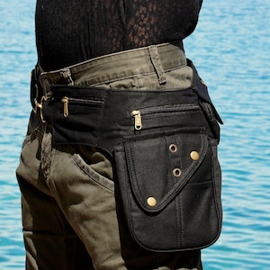 Utility belt Fanny pack with 7 pockets For festivals, travels and urban life Black cotton The Nebulabelt zdjęcie 3